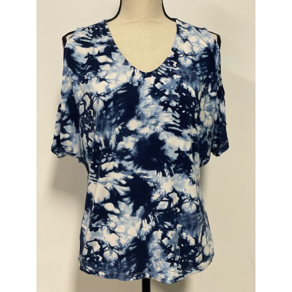 Venus Cold Shoulder Short Sleeve Top V-Neck Blue Tie Dye Size S